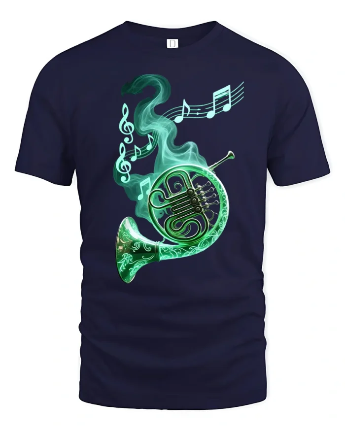 Glowing French Horn Music Notes Art Graphic T-Shirt - navy t-shirt on white background