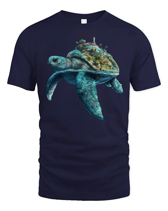 Turtle Island Fantasy Nature Ocean World Art T-Shirt - navy t-shirt on white background