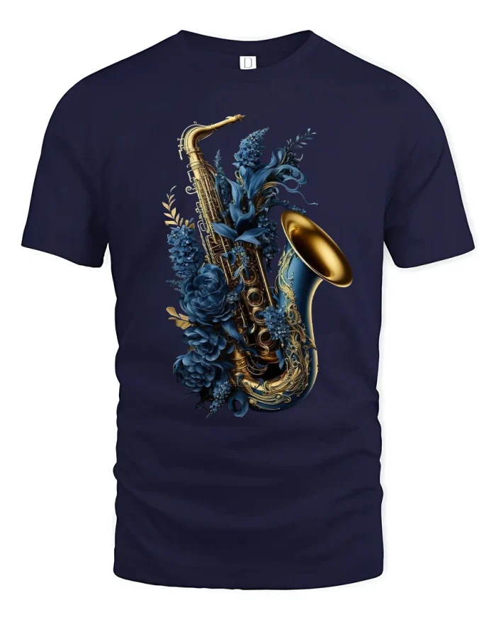 Floral Saxophone Jazz Music Art Graphic T-Shirt - navy t-shirt on white background