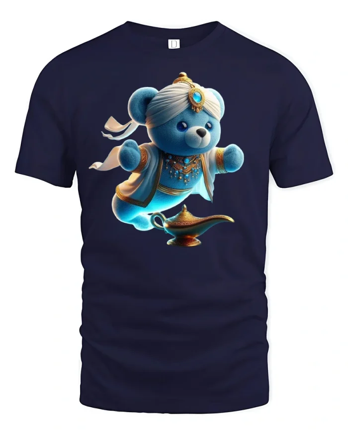 Genie Teddy Bear Magic Lamp Fantasy Art T-Shirt - navy t-shirt on white background