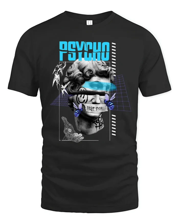 Psycho Freedom Statue Graphic Tee for Urban Streetwear Fans - black t-shirt on white background