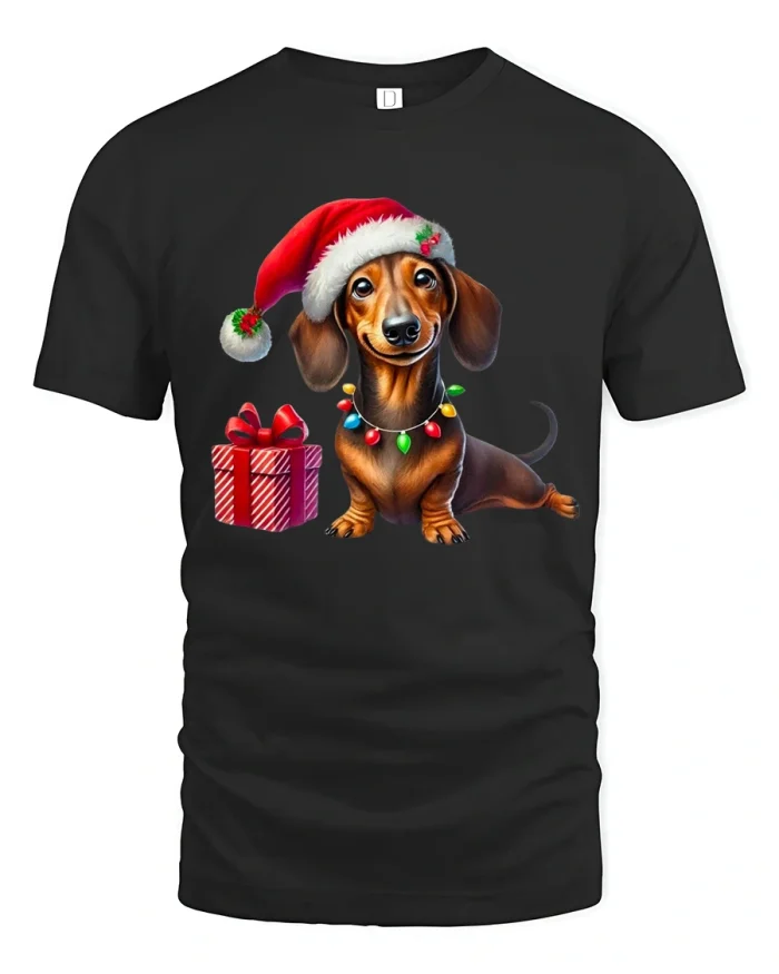 Cute Dachshund Christmas Lights Tee for Holiday Dog Lovers - black t-shirt on white background