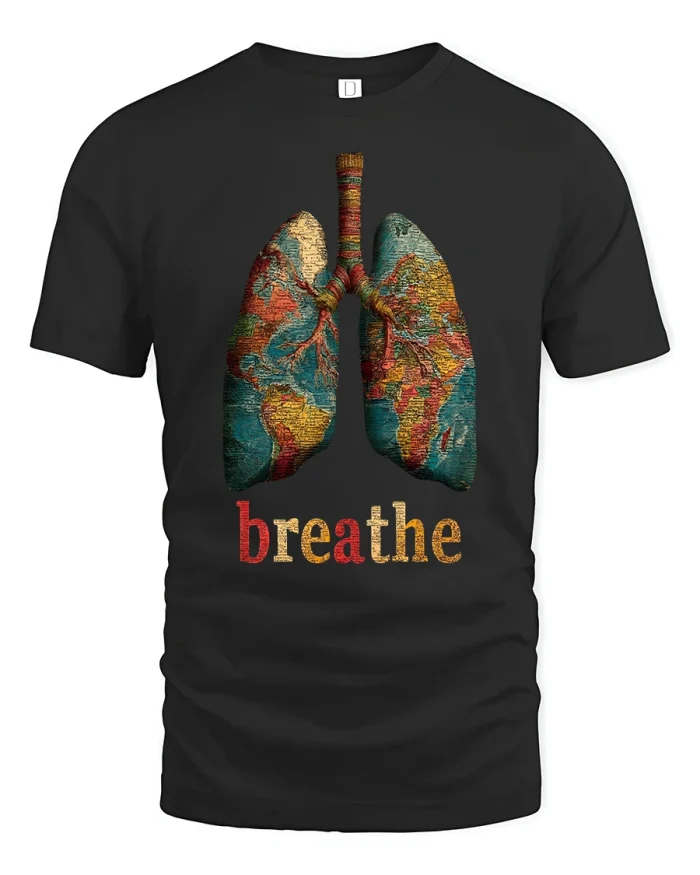 Breathe World Map Lungs Tee for Mindful Living and Travel Lovers - black t-shirt on white background