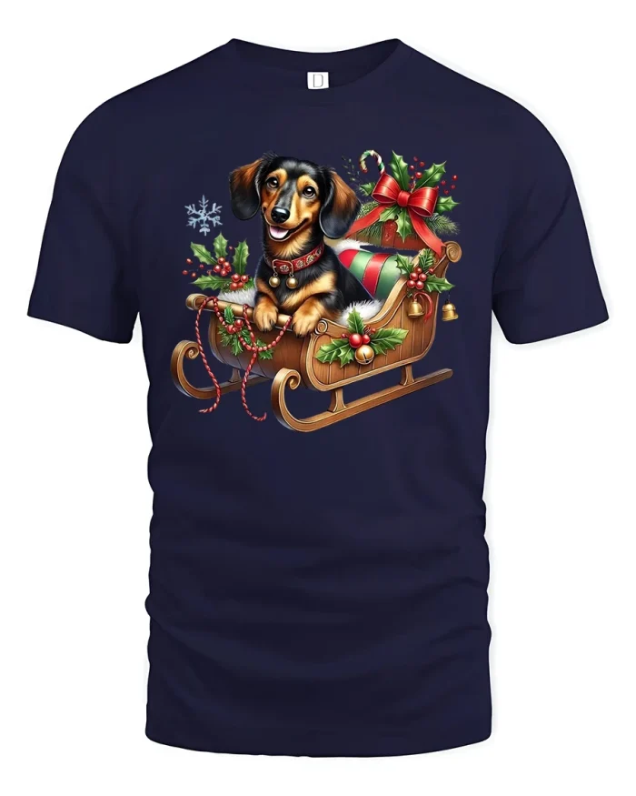 Cute Christmas Dachshund Sleigh Tee for Holiday Dog Lovers - navy t-shirt on white background