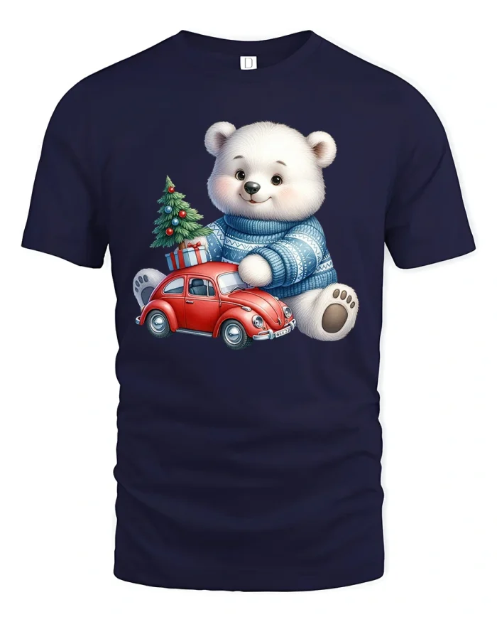 Cute Christmas Polar Bear Tee with Red Car and Holiday Gifts - navy t-shirt on white background