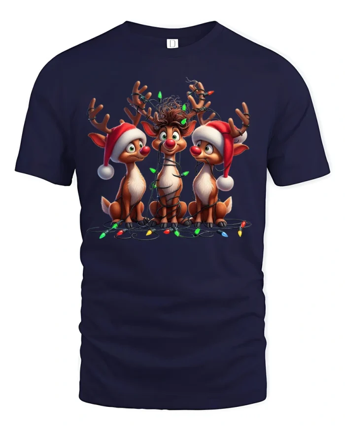 Cute Christmas Reindeer Trio Tee with Santa Hats and Lights - navy t-shirt on white background