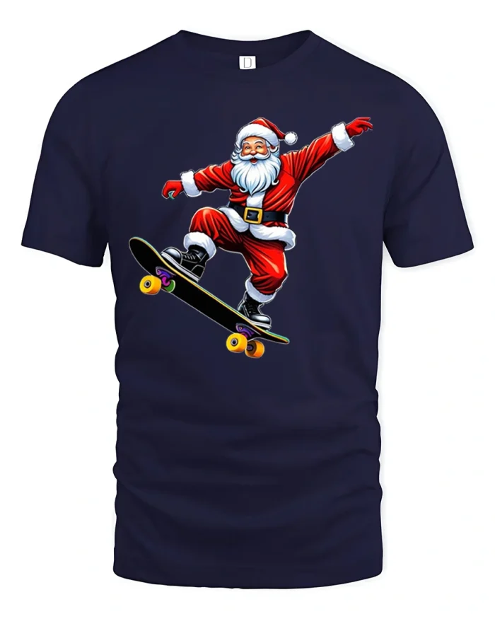 Skateboarding Santa Christmas Tee for Funny Holiday Style - navy t-shirt on white background