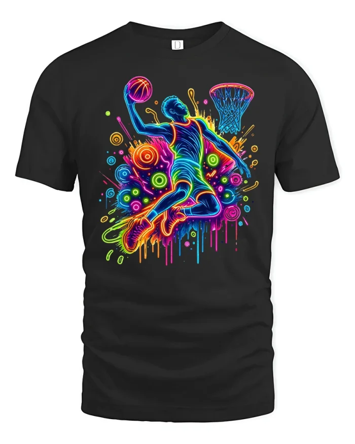 Neon Dunk Basketball Tee for Hoopers Who Love Bold Art Style - black t-shirt on white background
