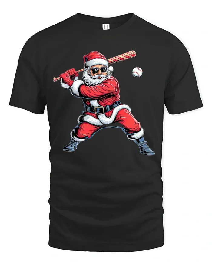 Santa Baseball Swing Tee for Funny Christmas Sports Fans - black t-shirt on white background