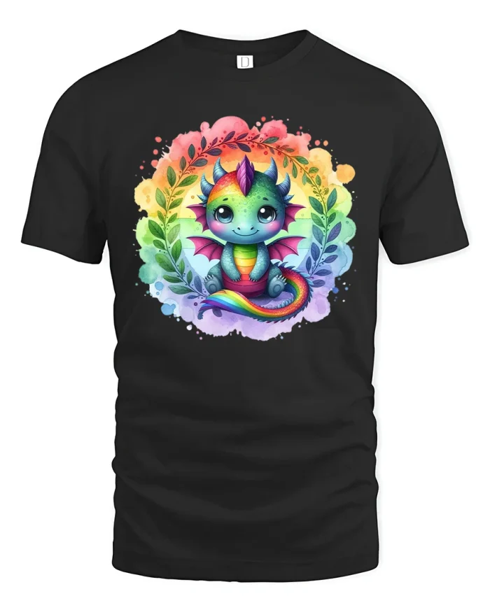 Cute Rainbow Dragon Tee for Fantasy and Colorful Style Lovers - black t-shirt on white background