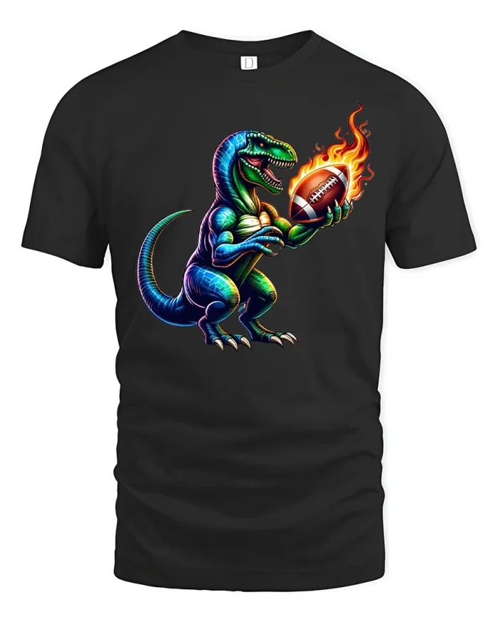 T-Rex Football Tee with Fiery Ball for Fun Sporty Style - black t-shirt on white background