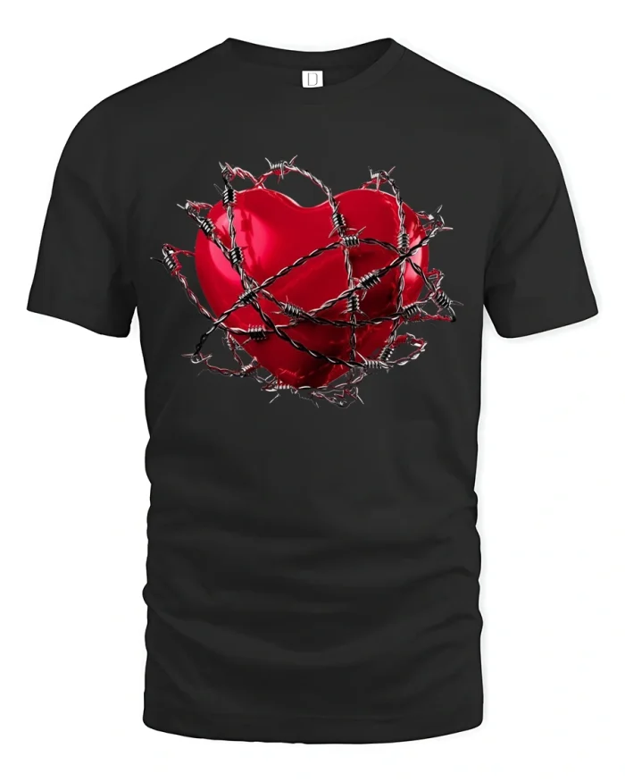Barbed Wire Heart Tee for Bold Edgy Love Expression Style - black t-shirt on white background