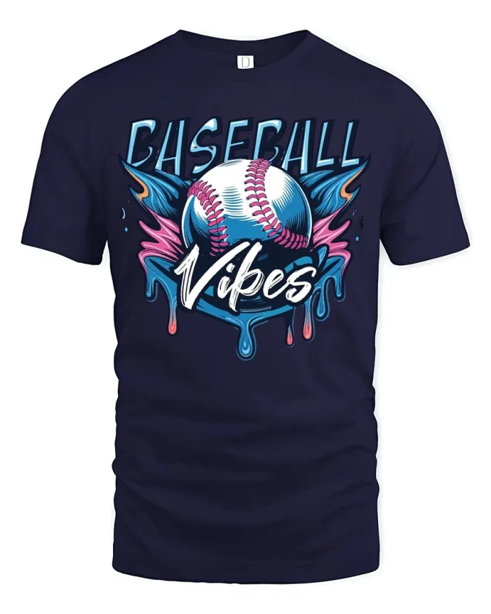 Baseball Vibes Tee with Cool Retro Drip Style Graphic - navy t-shirt on white background