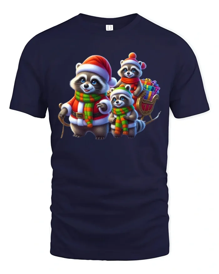 Cute Christmas Raccoon Family Tee with Festive Holiday Art - navy t-shirt on white background