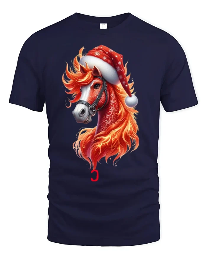 Fiery Christmas Horse Tee with Santa Hat Holiday Art Design - navy t-shirt on white background