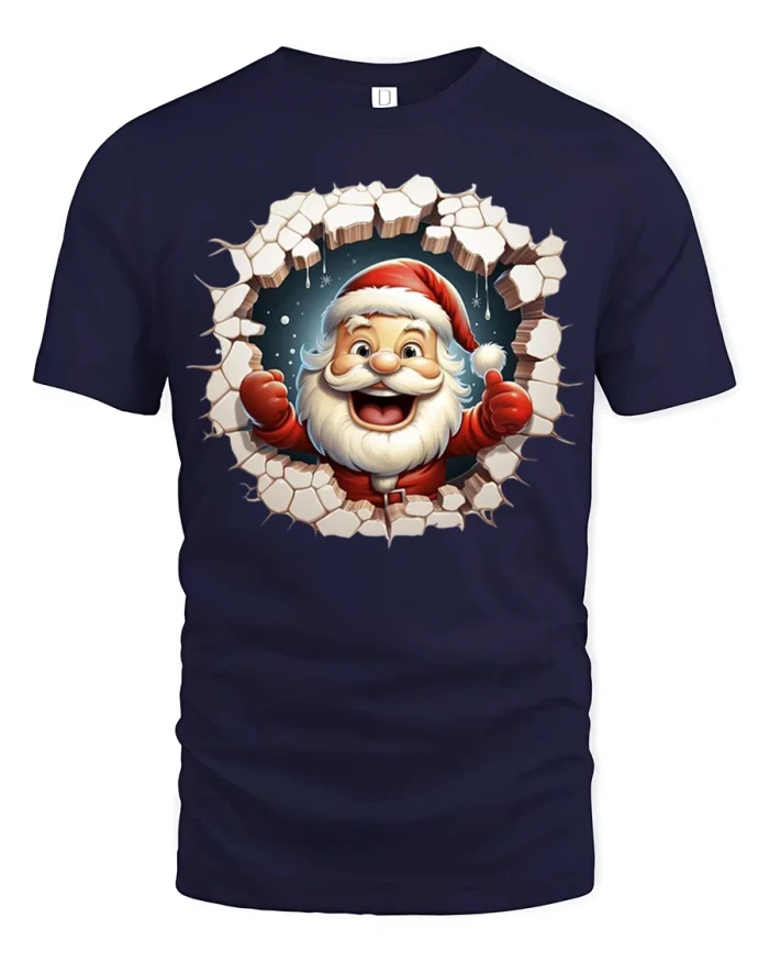 Santa Breaks Through Wall Tee Funny Christmas Graphic Shirt - navy t-shirt on white background