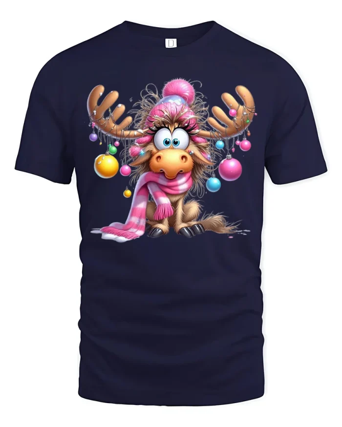 Cute Christmas Moose Tee with Ornaments Funny Holiday Tshirt - navy t-shirt on white background