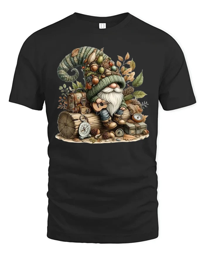 Cozy Autumn Gnome Playing Guitar Graphic T-Shirt - black t-shirt on white background
