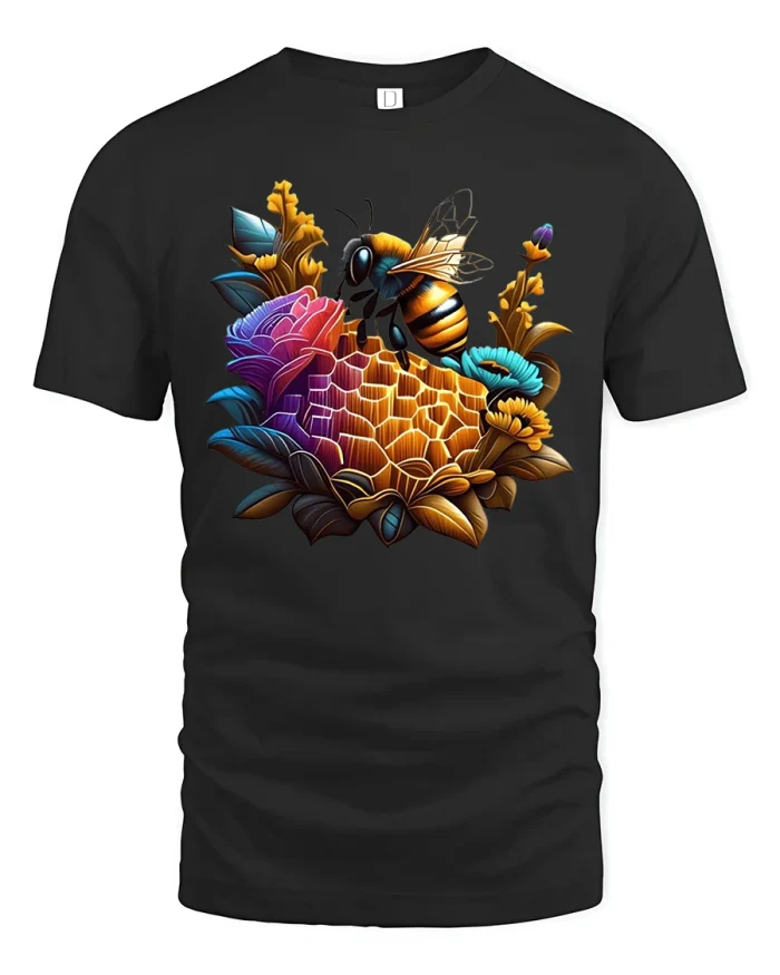 Colorful Bee and Honeycomb Nature Art T-Shirt - black t-shirt on white background