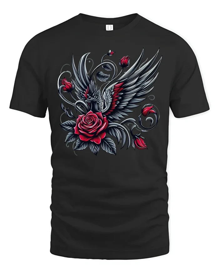 Gothic Rose and Wings Artistic Graphic T-Shirt - black t-shirt on white background