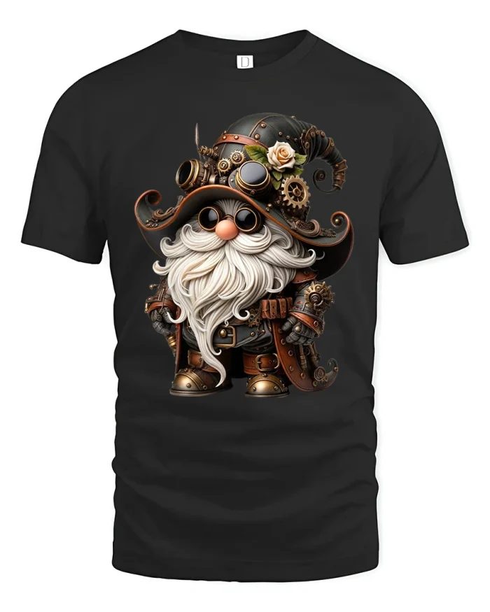 Steampunk Gnome Gearhead Adventure Graphic T-Shirt - black t-shirt on white background