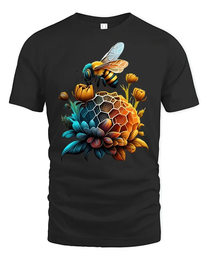 Vibrant Honey Bee and Honeycomb Flower T-Shirt - black t-shirt on white background