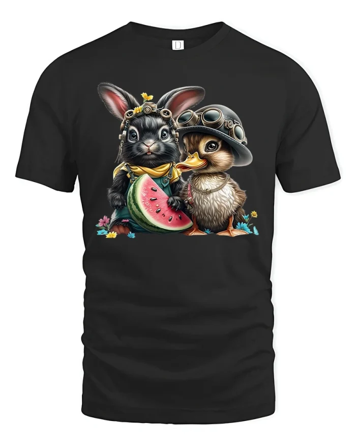 Cute Bunny and Duck Watermelon Friends T-Shirt - black t-shirt on white background
