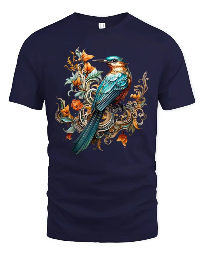 Elegant Blue Bird and Floral Art Graphic T-Shirt - navy t-shirt on white background