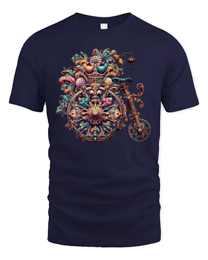 Vintage Steampunk Bicycle Art Colorful Graphic Tee - navy t-shirt on white background