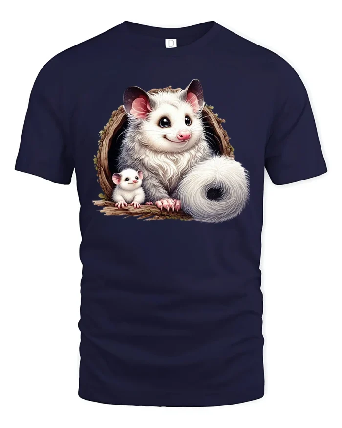 Cute Possum Family in Tree Hole Graphic T-Shirt - navy t-shirt on white background
