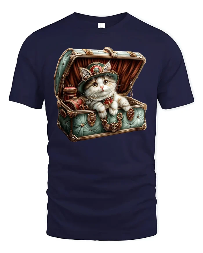 Steampunk Cat in Treasure Chest Art Graphic T-Shirt - navy t-shirt on white background