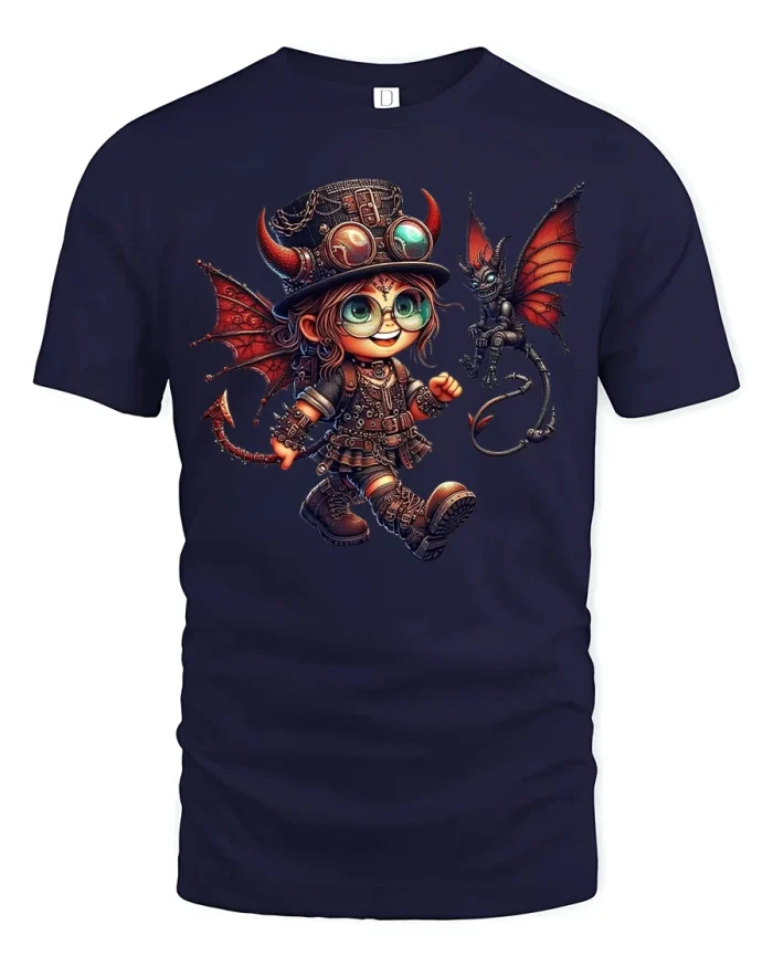 Steampunk Girl and Dragon Fantasy Adventure T-Shirt - navy t-shirt on white background