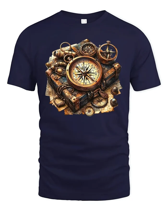 Vintage Compass Adventure Explorer Art T-Shirt - navy t-shirt on white background