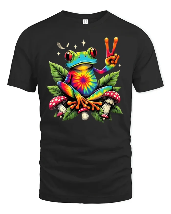 Psychedelic Frog Peace Sign Trippy Vibe Graphic Tee - black t-shirt on white background
