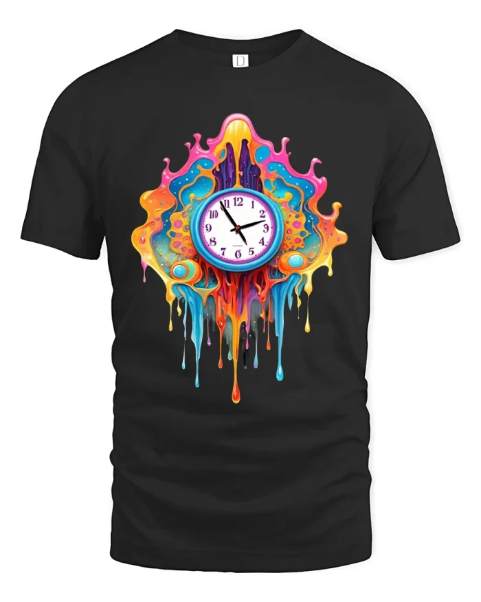Melting Clock Psychedelic Colorful Art T-Shirt - black t-shirt on white background
