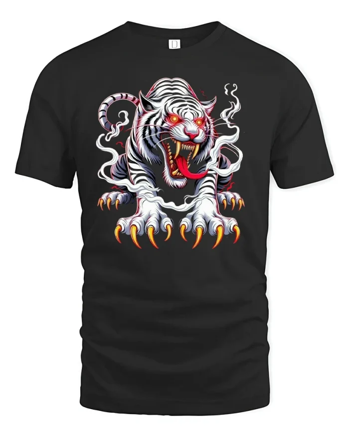 White Fire Tiger Fierce Flame Spirit Graphic T-Shirt - black t-shirt on white background