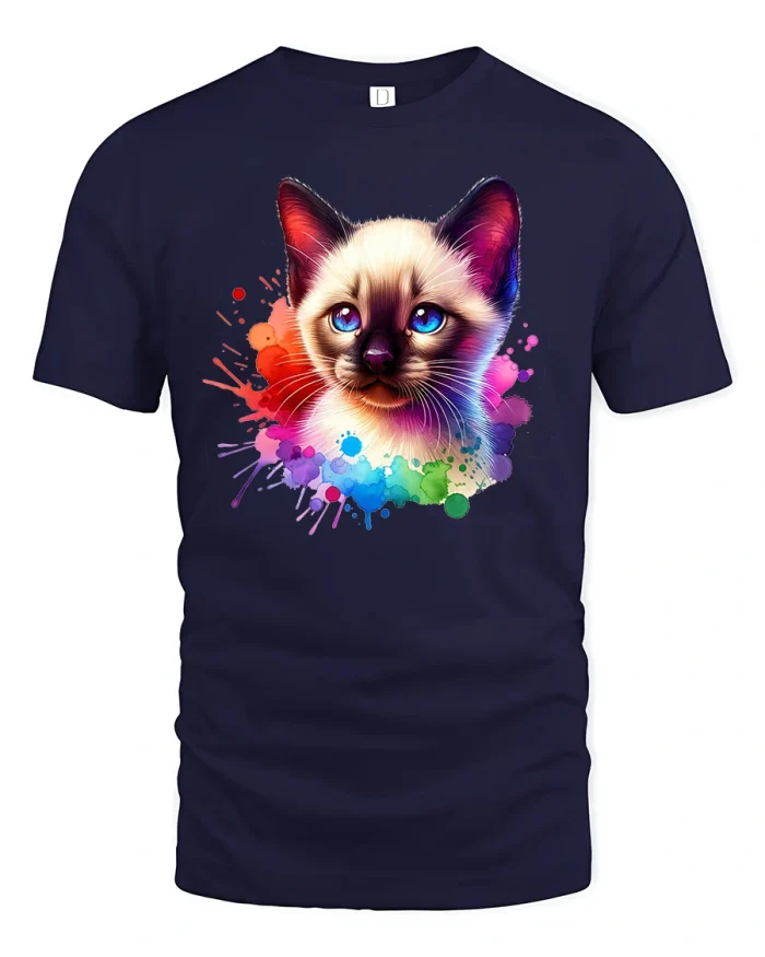 Color Splash Cat Face Cute Pet Lover Art T-Shirt - navy t-shirt on white background