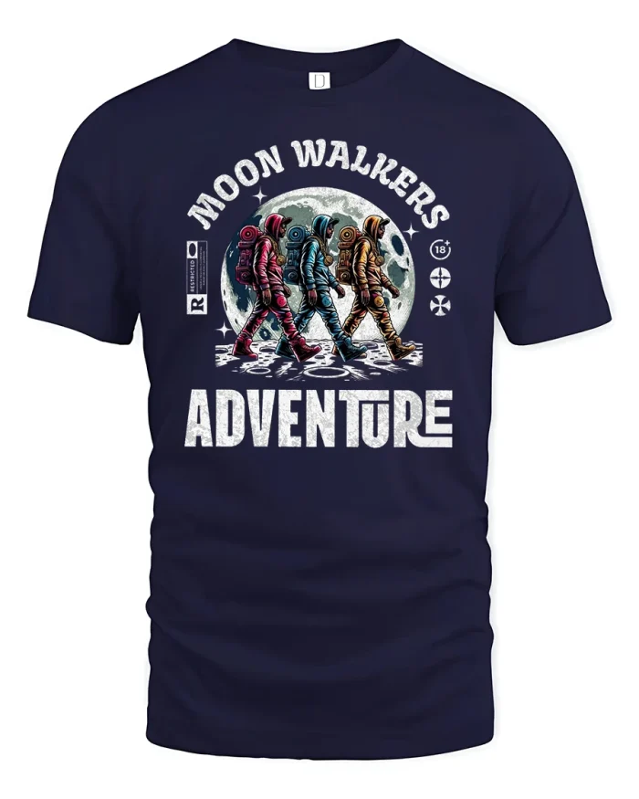 Moon Walkers Adventure Astronaut Retro Space T-Shirt - navy t-shirt on white background