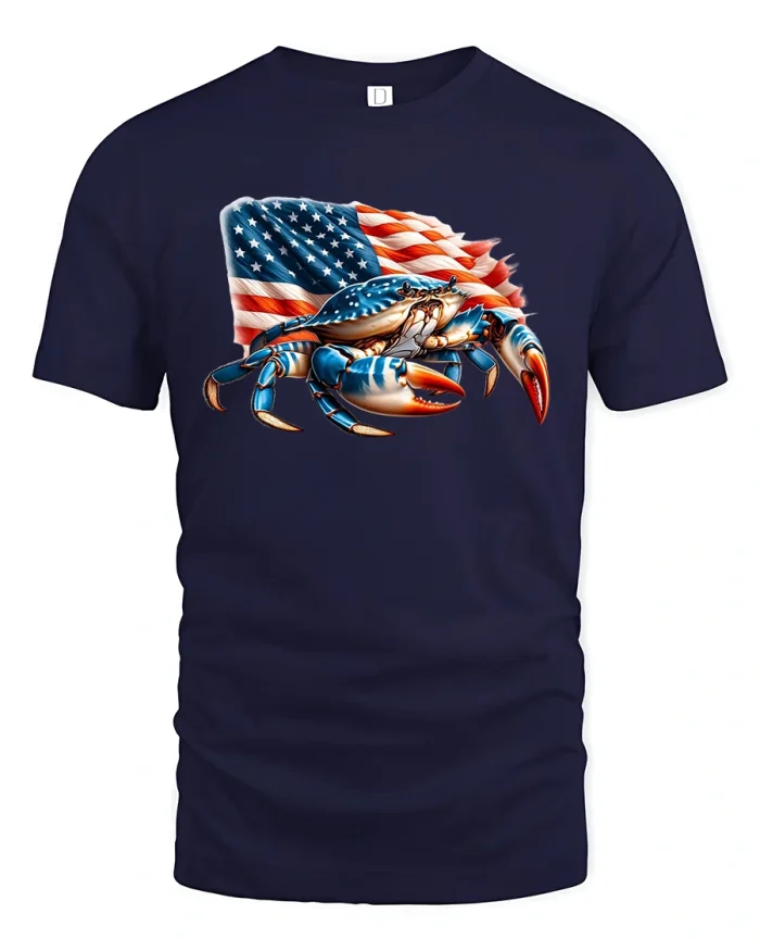 Patriotic American Flag Crab Cool Summer Beach T-Shirt - navy t-shirt on white background