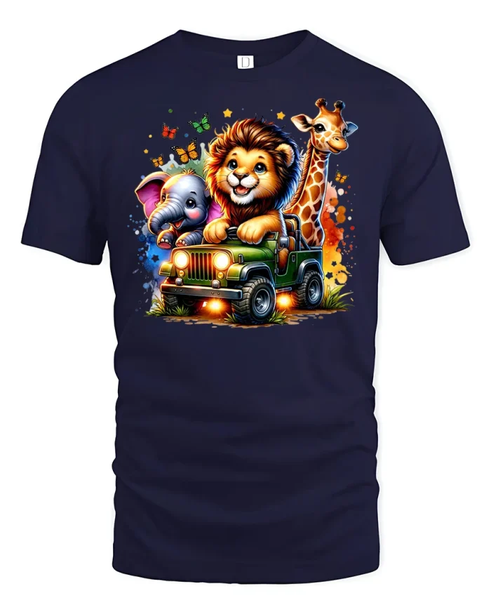 Safari Friends Adventure Jungle Ride Graphic T-Shirt - navy t-shirt on white background