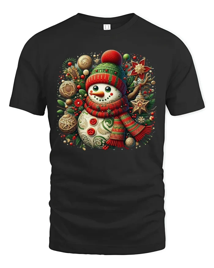 Festive Snowman Tee Cozy Christmas Ornament Graphic Tshirt - black t-shirt on white background