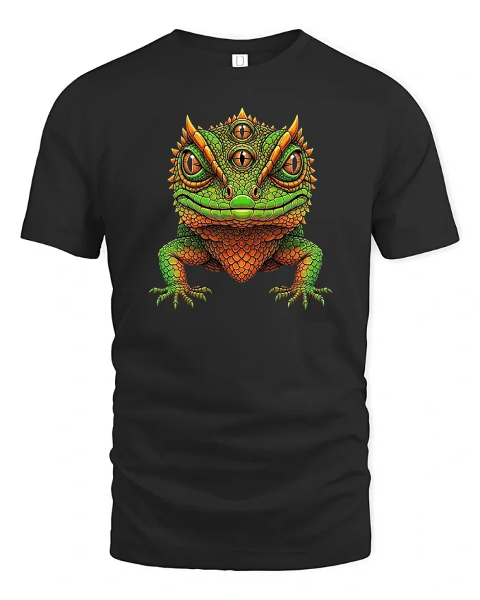 Psychedelic Three Eyed Lizard Tee Trippy Reptile Art Tshirt - black t-shirt on white background