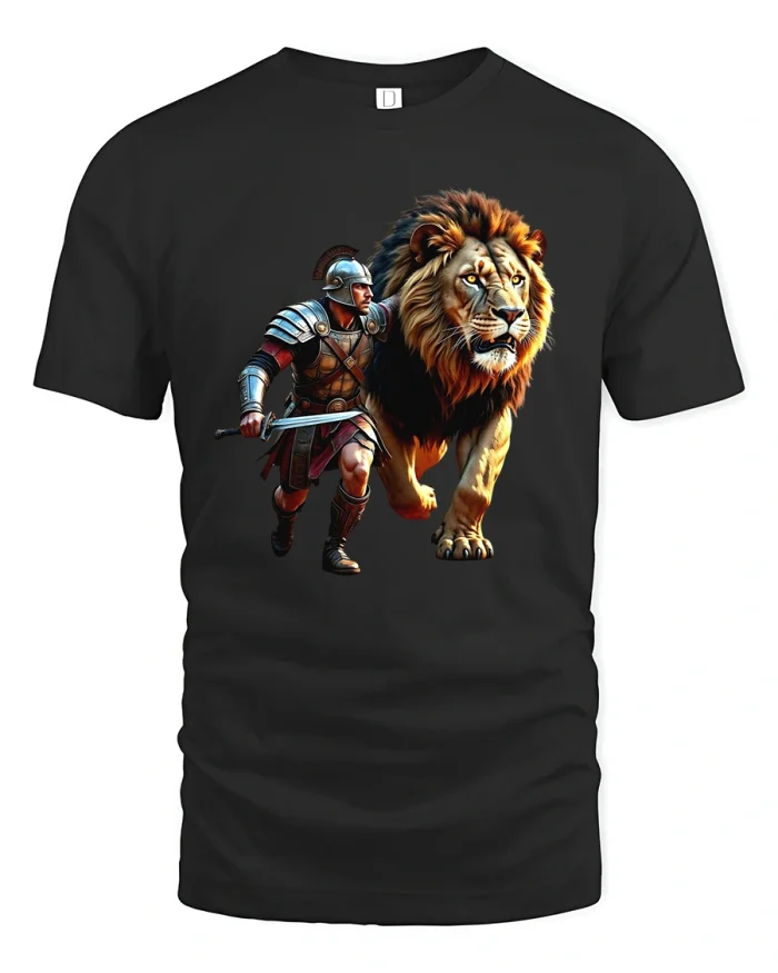 Warrior and Lion Tee Epic Ancient Fighter Graphic Tshirt - black t-shirt on white background