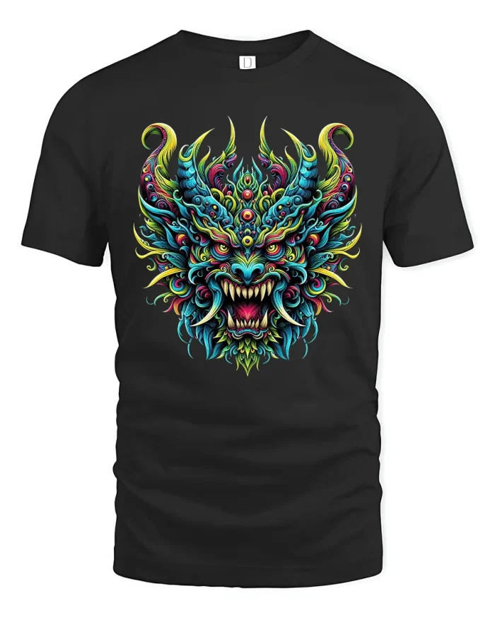 Neon Demon Fury Tee Vibrant Mythic Monster Art Tshirt - black t-shirt on white background