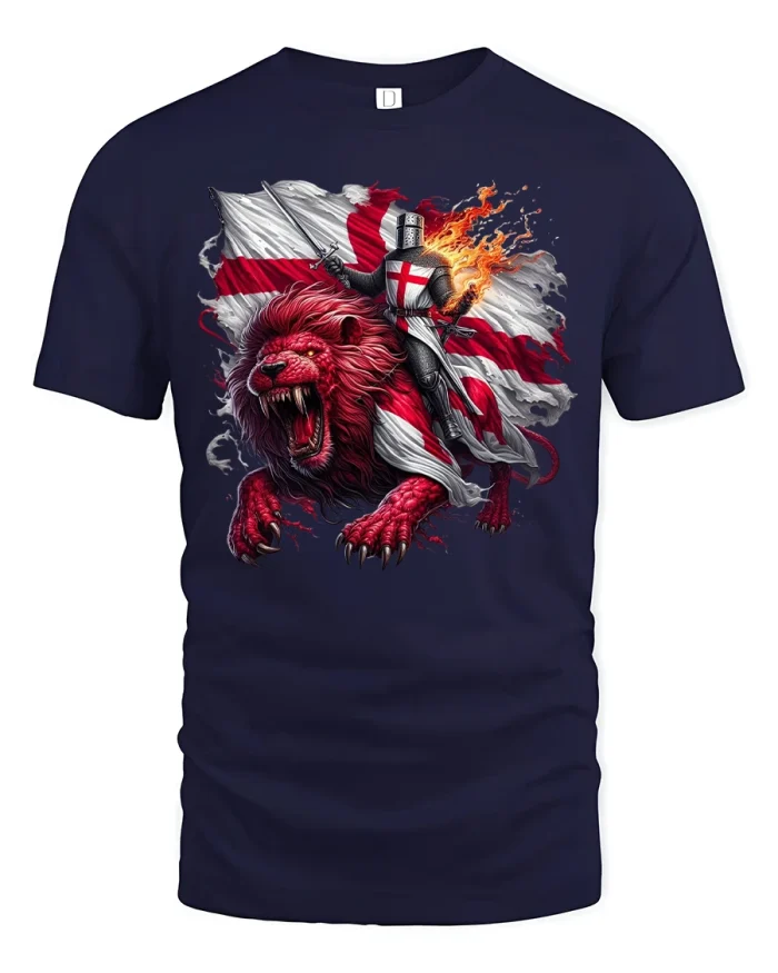 Epic Knight and Lion Tee Saint George Flag Warrior Tshirt - navy t-shirt on white background