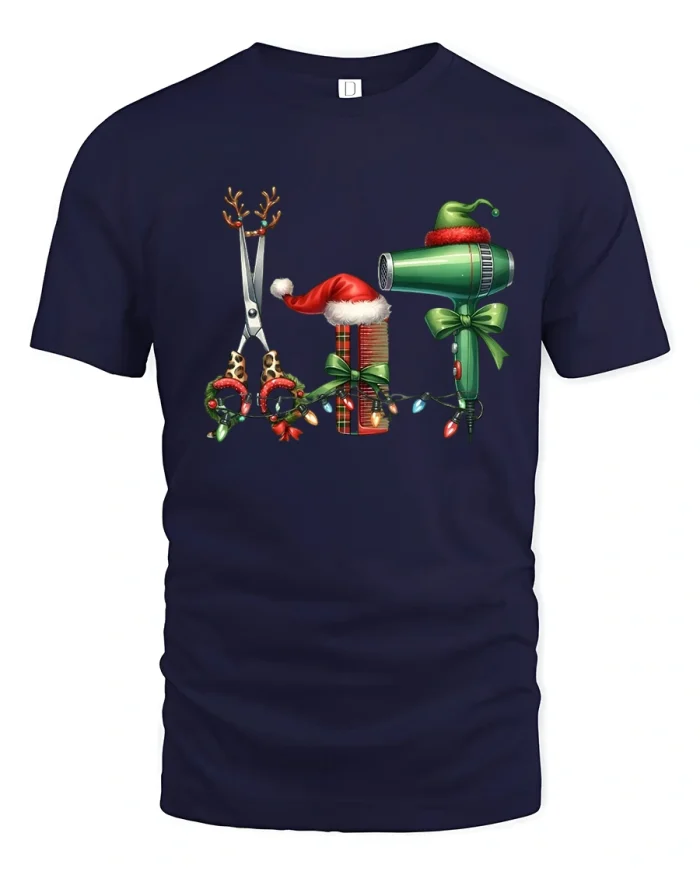 Christmas Hairstylist Tools Tee Festive Salon Holiday Tshirt - navy t-shirt on white background