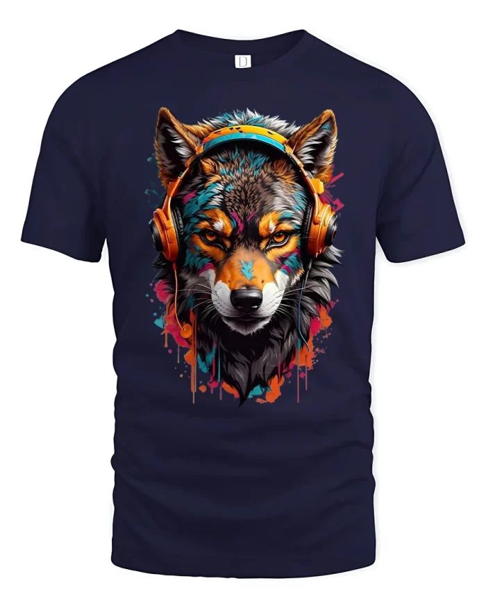 Cool DJ Wolf Tee Headphones Animal Art Graphic Tshirt - navy t-shirt on white background