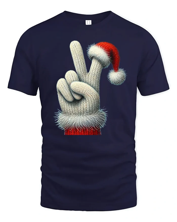 Santa Peace Sign Tee Cozy Christmas Hand Funny Tshirt - navy t-shirt on white background