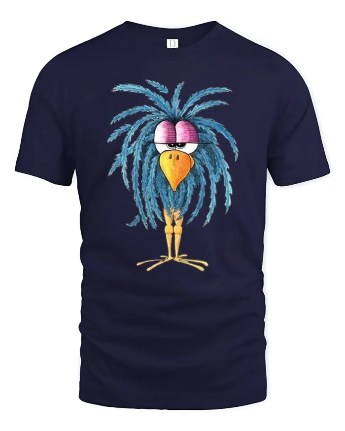 Funny Sleepy Bird Tee Cartoon Blue Feathered Bird Tshirt - navy t-shirt on white background