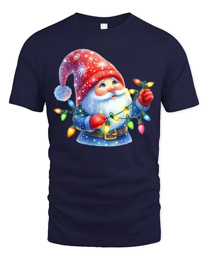Cute Christmas Gnome Tee Holding Colorful Holiday Lights Tshirt - navy t-shirt on white background